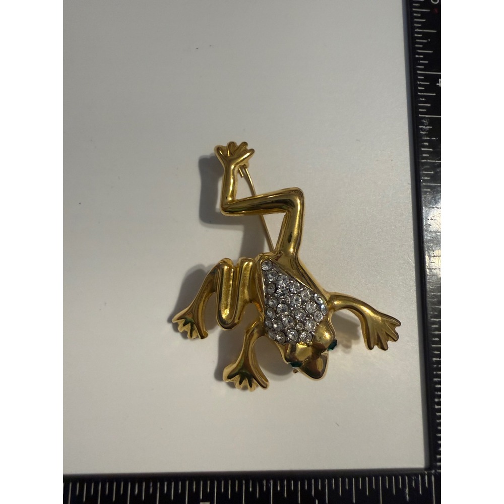 Vintage Gold Tone Rhinestone Frog Brooch Green Crystal Eyes Animal Pin 2.25"